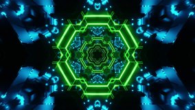 An abstract illustration of futuristic hexagonal structure with glowing green and blue neon symmetry in a digital kaleidoscopic space - Powered by Shutterstock - Get 15% off with code: PIKWIZARD15