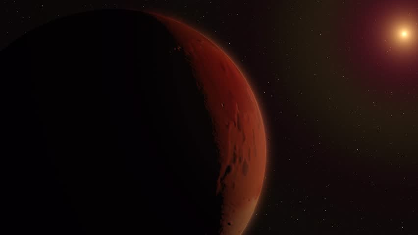 A cinematic space scene featuring a distant burning sun illuminating part of Mars as it rotates along its orbit, casting shadows across its highly detailed surface","Mars, orbiting planet, distant sun