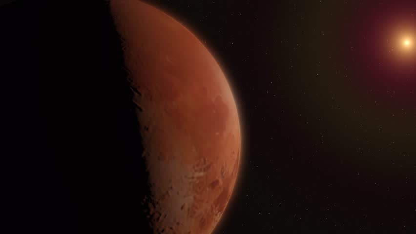 A cinematic space scene featuring a distant burning sun illuminating part of Mars as it rotates along its orbit, casting shadows across its highly detailed surface","Mars, orbiting planet, distant sun