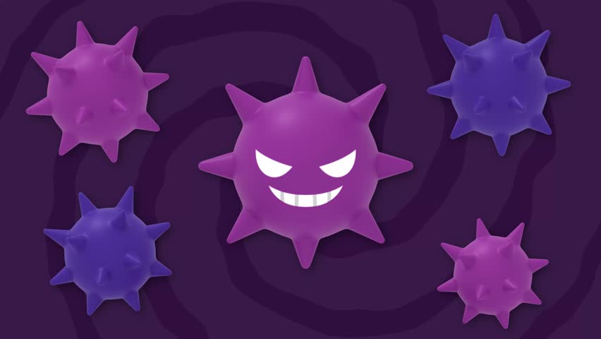 3D illustration of a malevolent purple and blue virus character