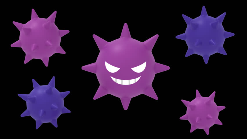 3D illustration of a vicious virus character in purple and blue on a transparent background