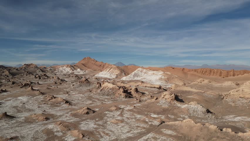 A drone scene of Death Valley in Atacama Desert, Chile, featuring salt flats, and peaks on a sunny day