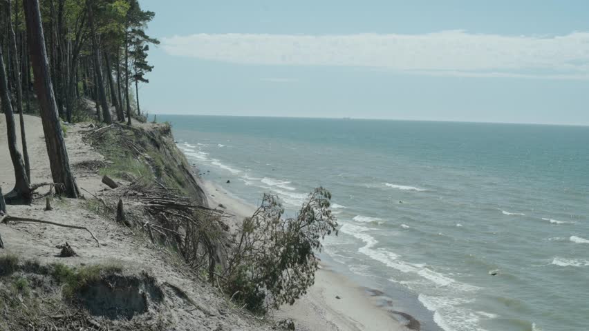 Baltic eroding forested bluff overlooking the sea with beaches and boulders anamorphic 4k 60fps