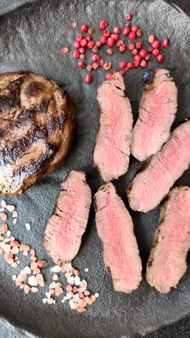 Grilled beef steak meat with salt and pepper. Beef steak grilled on a barbecue as a background for your design