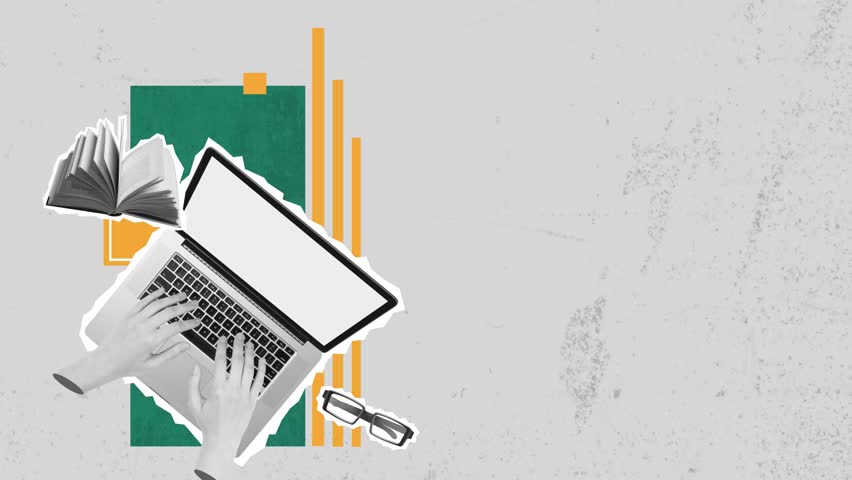 Trendy Halftone Collage Online education concept. Computer laptop with hand and floating books. News course, webinar. Smart thinking and brainstorming. Contemporary vector art illustration