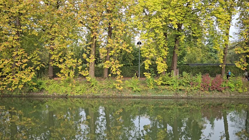 People Walking and Jogging in Parc de la Citadelle on a Peaceful Autumn Day - Lille, France 