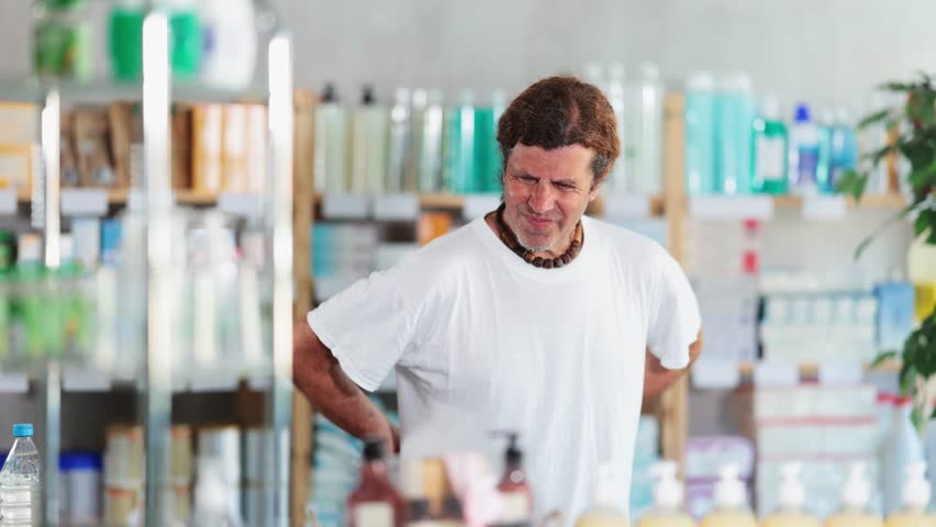 Adult man is standing in a pharmacy with back pain, he came for pills and ointment for lower back and joint pain. High quality 4k footage