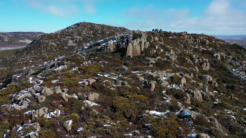 Fresh Snow on a Clear Sunny Day in the Central Highlands, Tasmania, Australia Aerial Drone 4K 