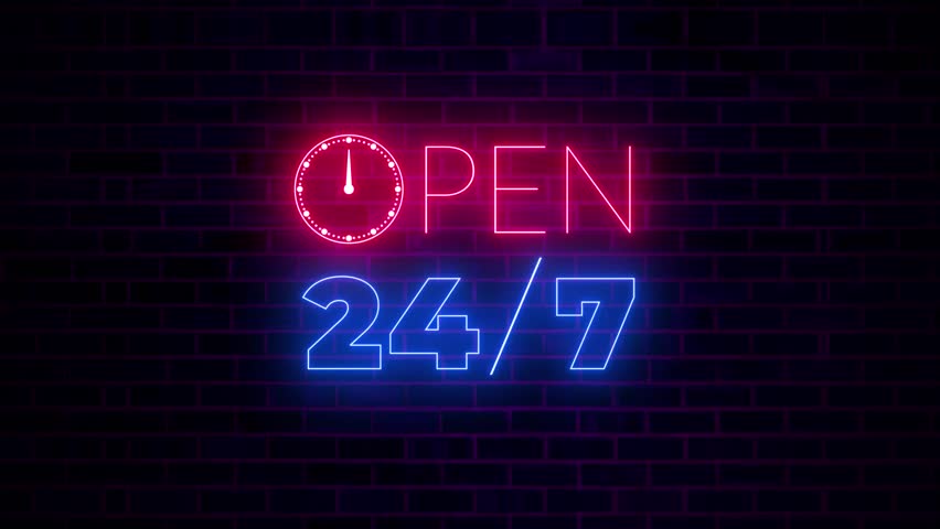 Open 24 Hours and 7 Days Neon Sign Animation Perfect for Store Promo, Business Ad, or Commercial Video