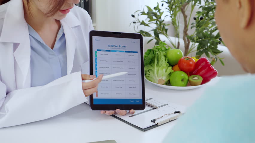 Asian nutritionist using tablet to explaining personalized meal plan with AI to patient during healthcare consultation, healthy lifestyle, woman dietitian showing nutrition plan with AI on tablet.
