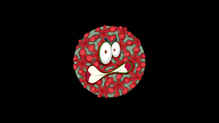 A cartoon virus character explodes into pieces and reforms, set against changing backgrounds