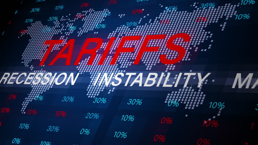 Digital world map showing tariffs, inflation, fear, and job loss effects. Economic percentages overlay highlight global trade tension.