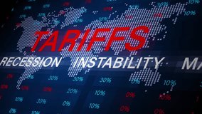 Digital world map showing tariffs, inflation, fear, and job loss effects. Economic percentages overlay highlight global trade tension. - Powered by Shutterstock - Get 15% off with code: PIKWIZARD15