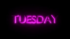 Vibrant purple neon sign spelling tuesday, glowing dynamically against dark backdrop with multiple animated transitions and typography styles - Powered by Shutterstock - Get 15% off with code: PIKWIZARD15