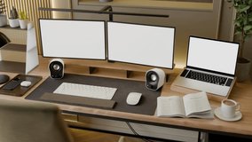 Modern workspace with dual monitors, laptop, keyboard, and office accessories. Home office and productivity setup concept. - Powered by Shutterstock - Get 15% off with code: PIKWIZARD15