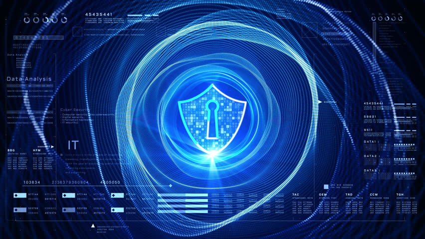 Blue digital shield with lock icon represents cybersecurity and data protection. Surrounded by high-tech data analysis interface and binary elements. Digital big data technology background - Powered by Shutterstock - Get 15% off with code: PIKWIZARD15