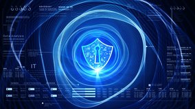 Blue digital shield with lock icon represents cybersecurity and data protection. Surrounded by high-tech data analysis interface and binary elements. Digital big data technology background - Powered by Shutterstock - Get 15% off with code: PIKWIZARD15