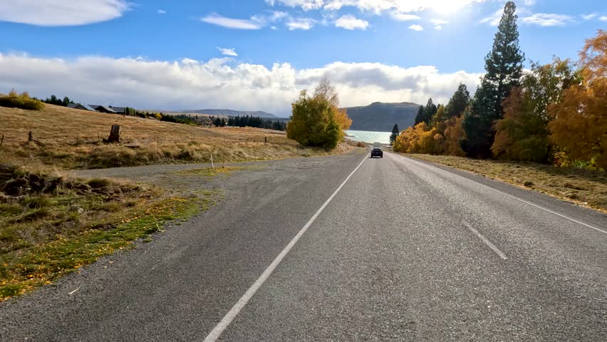 A camper van travels along a scenic rural road lined with autumn trees under bright sunlight and blue skies in Lake Tekapo, New Zealand. Static forward-facing camera