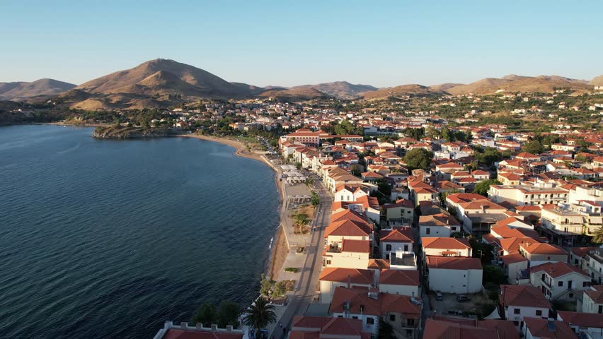 Romeikos Gialos Street, Beach Pedestrian Road in Limnos Island Greece, Aerial Dolly, Afternoon Lighting