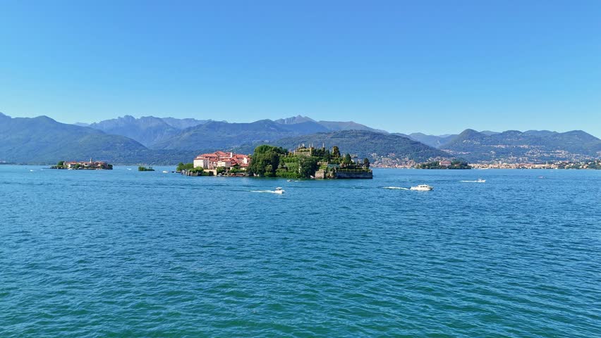Aerial view of Isola bella island on Lake Maggiore during summer
