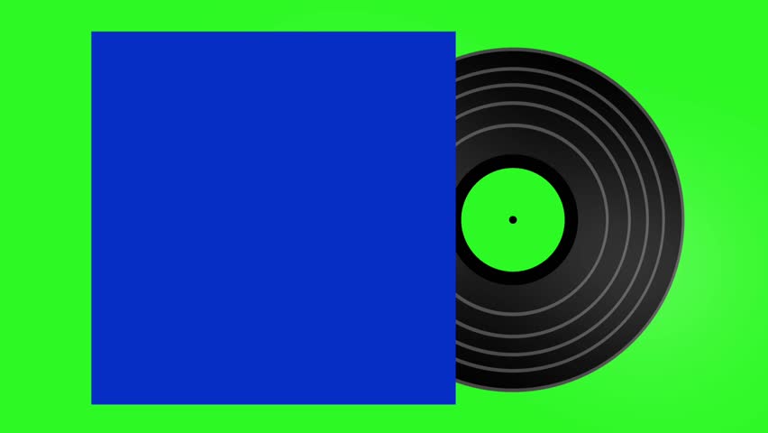 A vinyl record is revealed from a blue album cover. Flat animation on a chroma key green screen background, perfect for a dynamic intro or logo reveal.