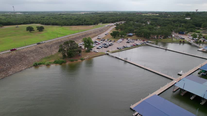 Aerial 360 pan of the Eagle Mountain Marina on Eagle Mountain Lake in Texas.