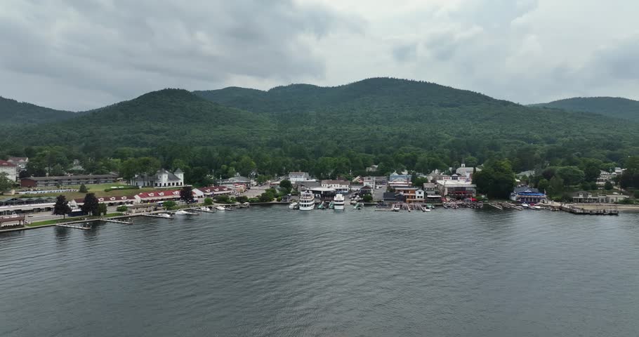 Drone view of Town on Lake George New York in 4K