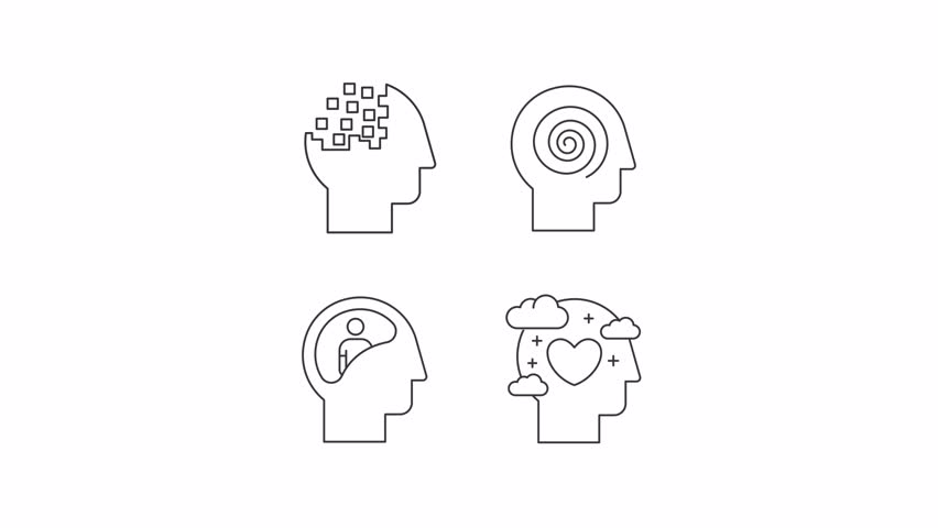 Mental wellbeing line animation set. Memory diseases animated icons. Amnesia, dementia. Personality illness, psychology. Outline elements on white background. HD video with alpha channel