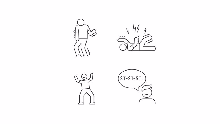 Brain diseases line animation set. Neurological illnesses animated icons. Epilepsy seizure. Parkinson tremor. Treatment, therapy. Outline elements on white background. HD video with alpha channel