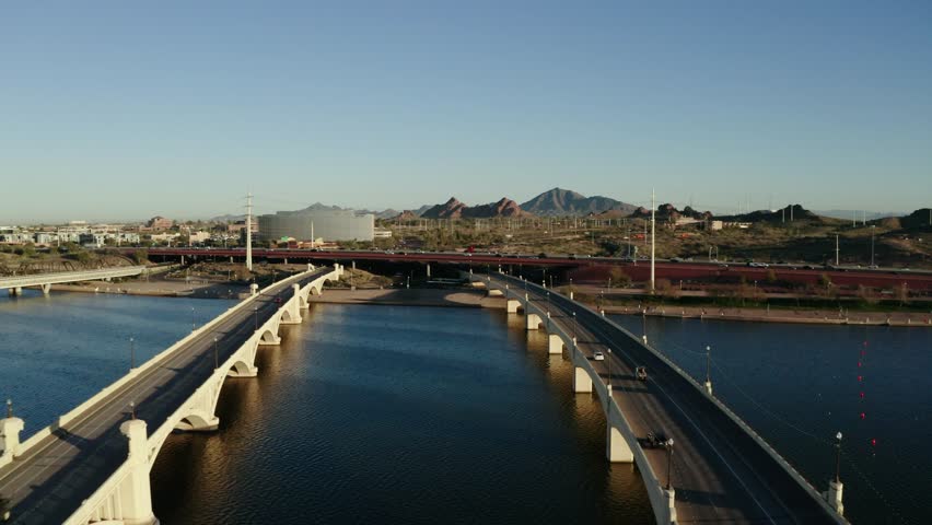 Drone shot approaching the 202, Red Mountain Freeway in Tempe, Arizona.