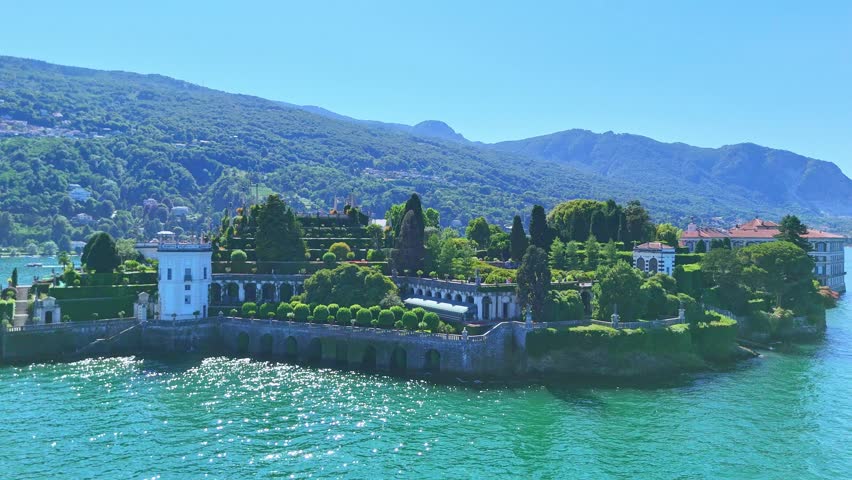 Aerial zoom out shot of Isola bella island on Lake Maggiore