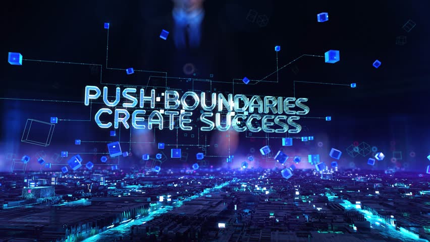 Push Boundaries. Create Success- businessman working with virtual reality at office.