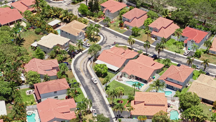 Drone Shot of Upscale Homes With Pools in Fort Lauderdale Isles Neighborhood, Florida USA