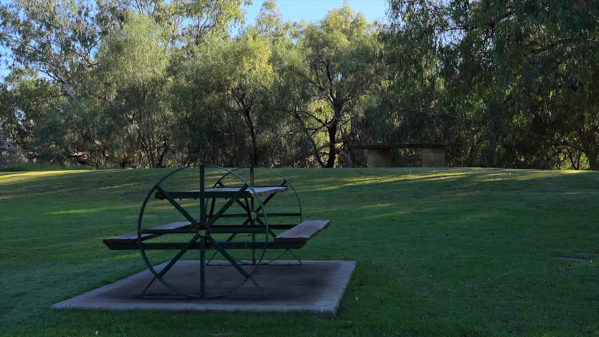 Shot of repurposed bench made from old wheels in Bourke, NSW Australia