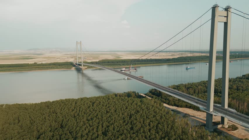The Danube River With The Longest Suspension Bridge Near Braila In Galati, Romania. Aerial Shot