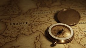 Looping animation of a vintage compass rotating on an antique map. Perfect for history, exploration, adventure, and navigation themes. Seamless loop with classic aesthetic. - Powered by Shutterstock - Get 15% off with code: PIKWIZARD15