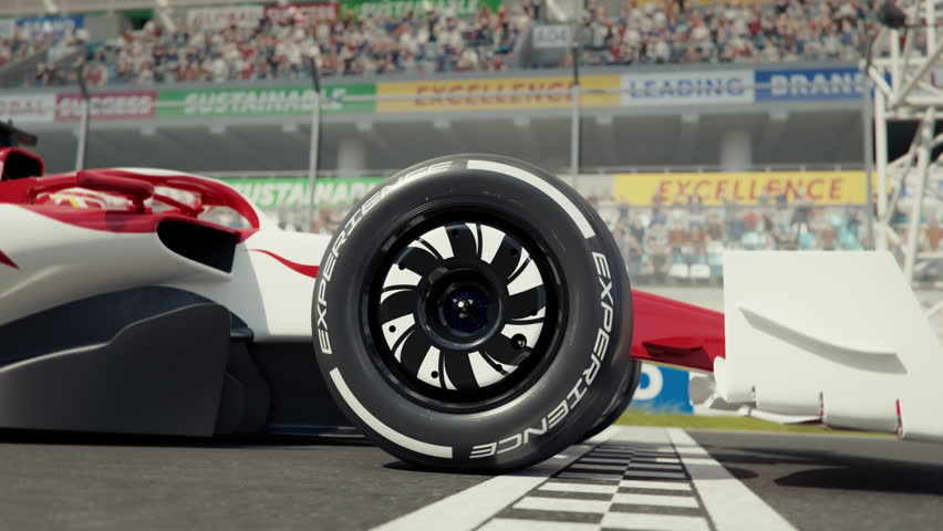 Close-up side view of a generic race car driving across the finish line in slow motion. 3d animation rendering.