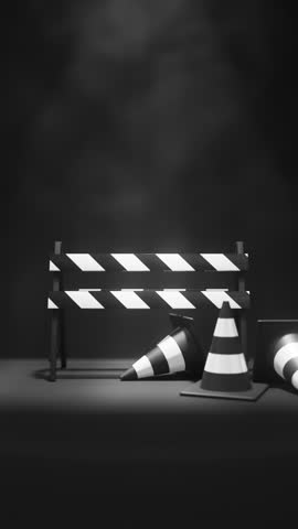 White black Traffic cones and barrier under flashing light on black background. Safety warning, under construction or coming soon symbol. Vertical video 3d render loop