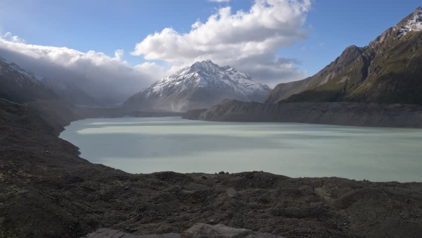 Mount Cook With Tasman Lake In South Island, New Zealand - Wide Shot
