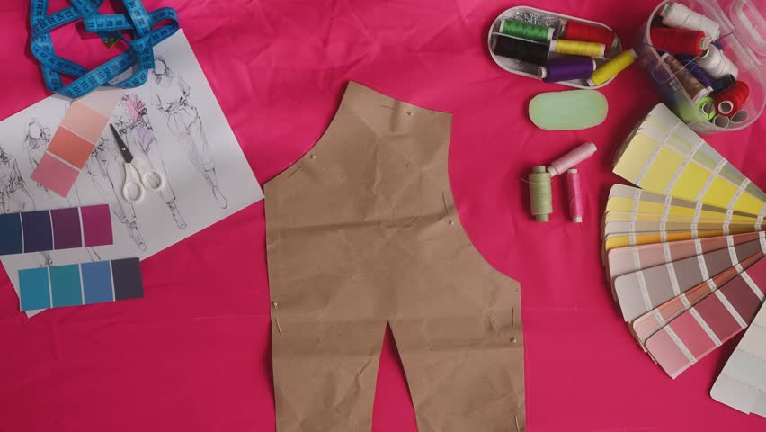 Top view of a tailors workplace with necessary tools for clothing design. A tailor is cutting a pattern on pink fabric with scissors. Atelier, design and tailoring concept.