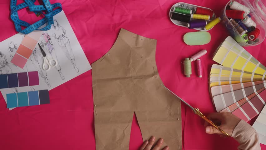 Top view of a tailors workplace with necessary tools for clothing design. A tailor is cutting a pattern on pink fabric with scissors. Atelier, design and tailoring concept.