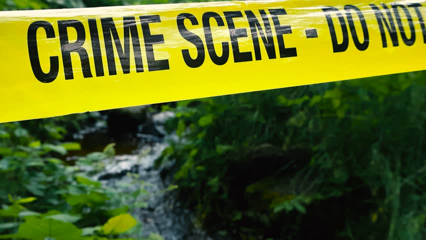 Close up or closeup footage of a yellow crime scene do not enter police tape ribbon pulled over and in front of a small water stream or a river in green nature that is flowing through rocks at summer.
