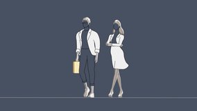 Animated illustration of confident businesswoman and businessman walking together with briefcase, symbolizing corporate teamwork, partnership, office colleagues, modern business lifestyle and professi - Powered by Shutterstock - Get 15% off with code: PIKWIZARD15