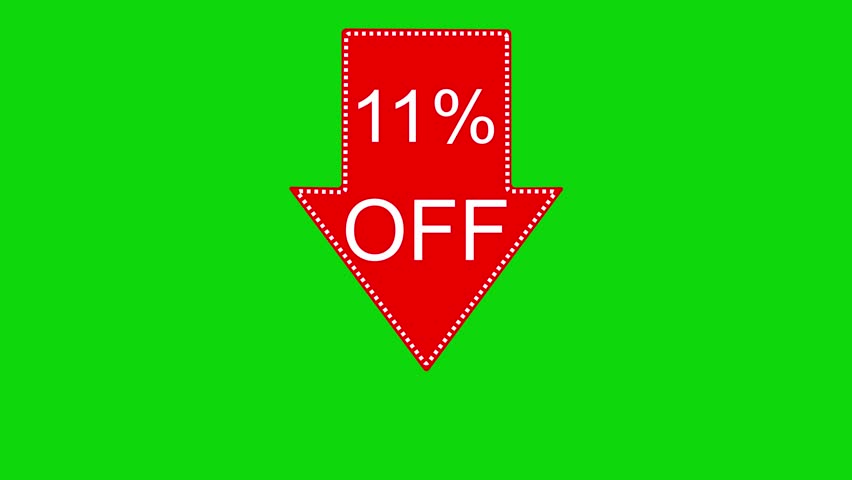 11 percent off discount offer icon animation. Animated arrow pointing 11 percent off text animation. green background 4k video.