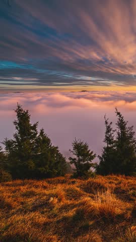 Vertical Panorama of Foggy Mountains at Colorful Sunset in Dreamy Autumn Landscape Time Lapse