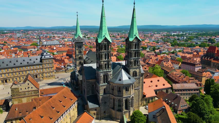 4K Aerial Drone Video of the Beautiful Bell Towers of the Bamberg Cathedral in the Old Town area of Bamberg, Germany (High Speed)
