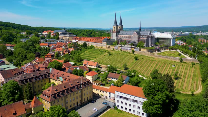 4K Aerial Drone Video of the Vineyards Surrounding the Historic Michaelsberg Abbey in the Old Town area of Bamberg, Germany