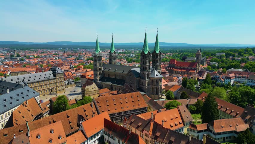 4K Aerial Drone Video of the Beautiful Bamberg Cathedral Overlooking the Historic Homes in the Little Venice Area of Bamberg, Germany