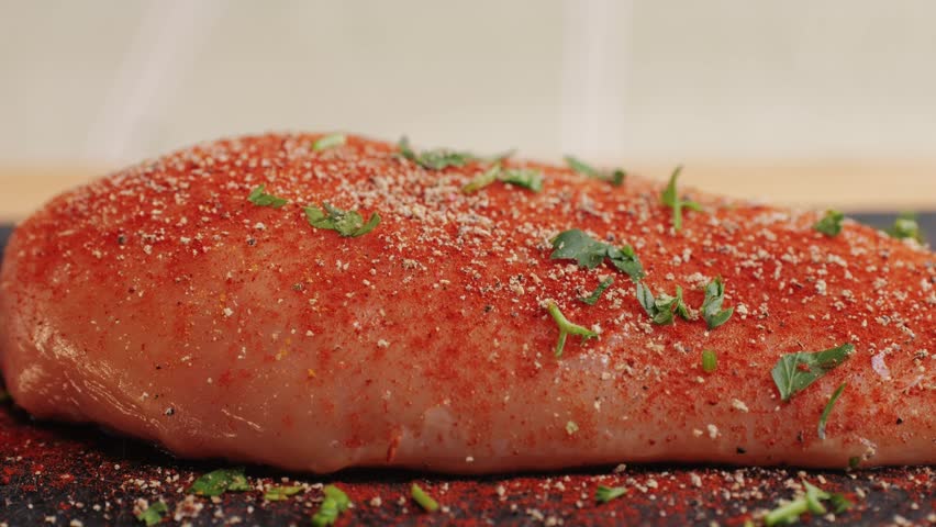Raw chicken meat in red paprika spice on plate close-up. Preparing raw food for cooking. Grilled chicken, duck, turkey kebab with vegetables.