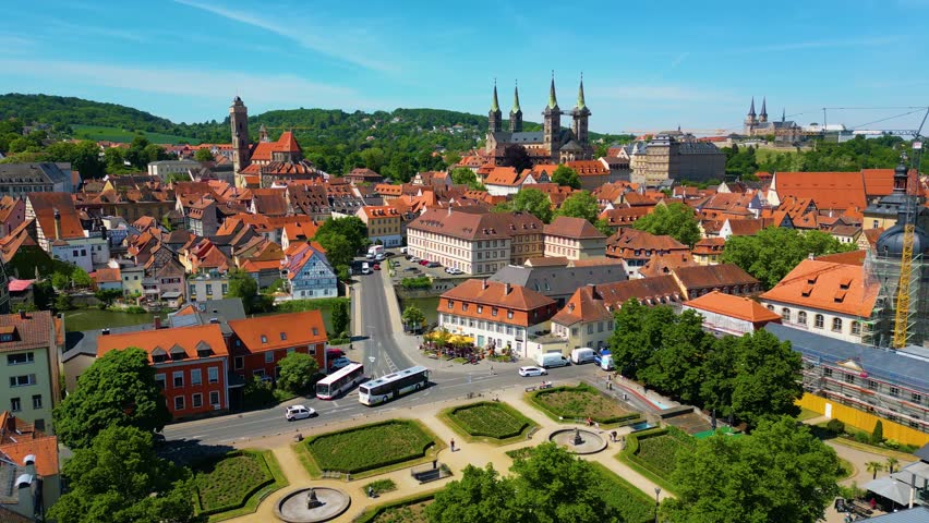 4K Aerial Drone Video of the Beautiful Bamberg Cathedral and Michaelsberg Abbey Churches in the Little Venice area of Downtown Bamberg, Germany